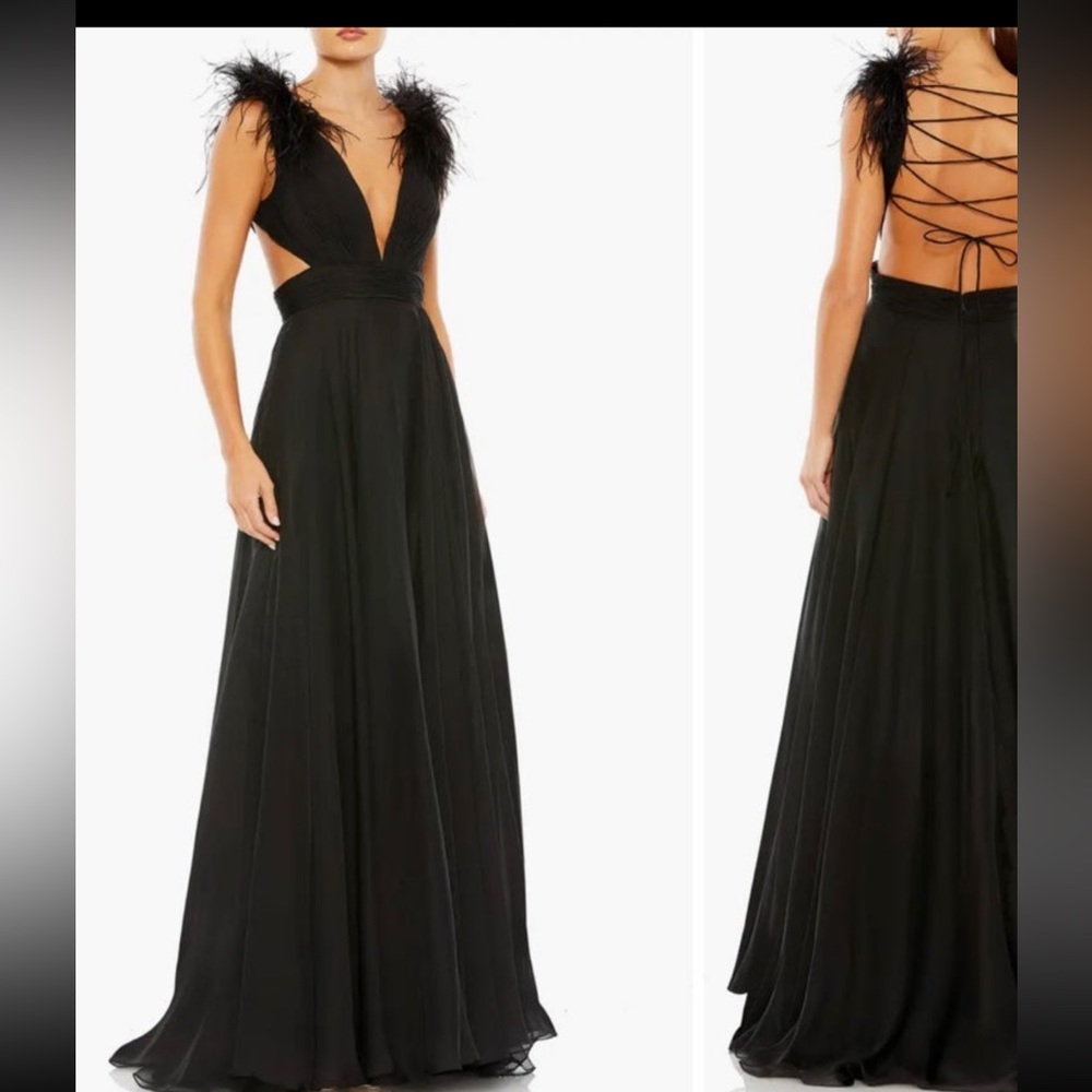 NWT Feather Trim Plunge Neck A-Line Gown MAC DUGGAL